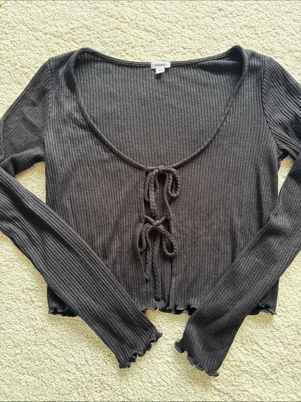 Garage black Ribbed Tie-Front Long Sleeve Top
